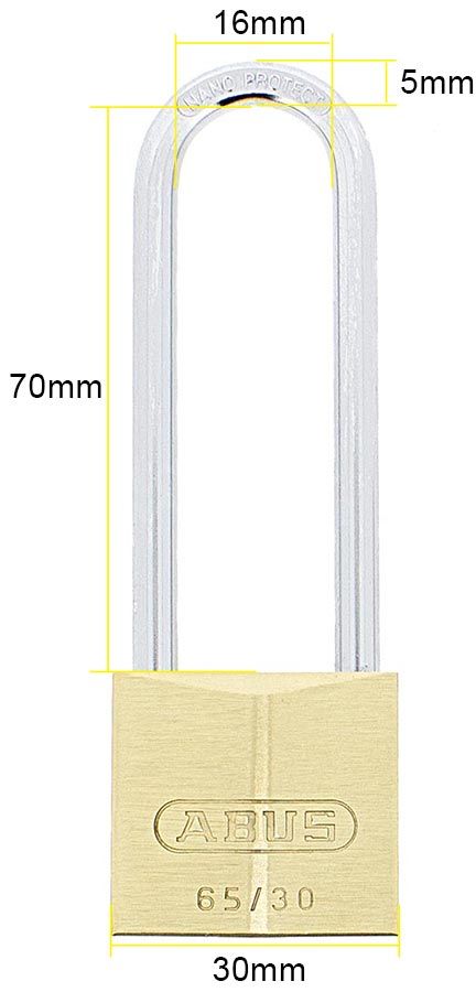 Dimensions Image: ABUS 65/30 Brass Padlock - 60mm Long Shackle