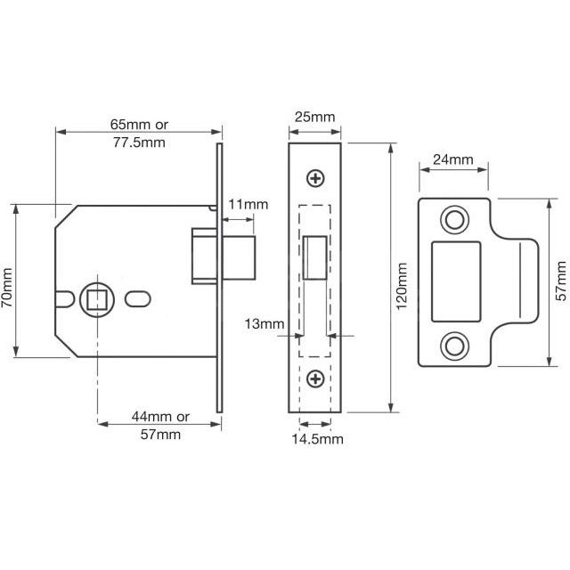 Dimensions Image: Union Mortice Latch 2677