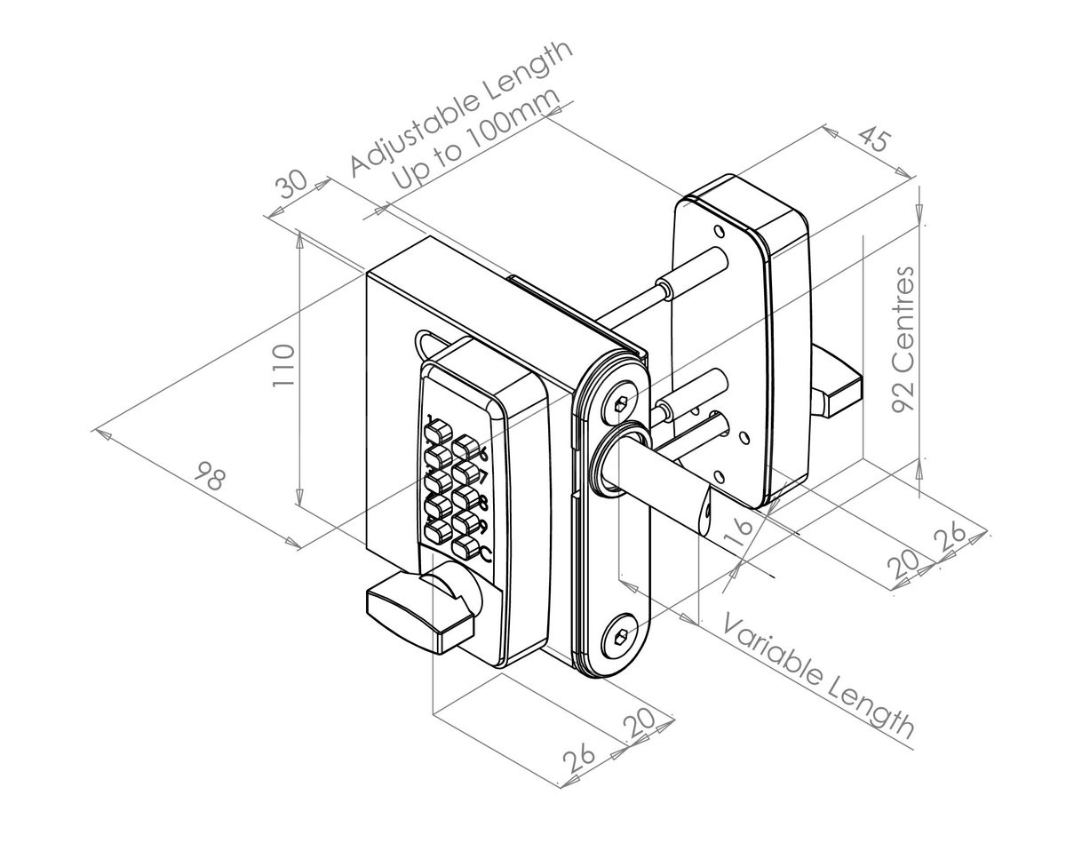 Dimensions Image: Gatemaster SelectPro Surface Mounted Double-Sided Keypad Code Gate Lock