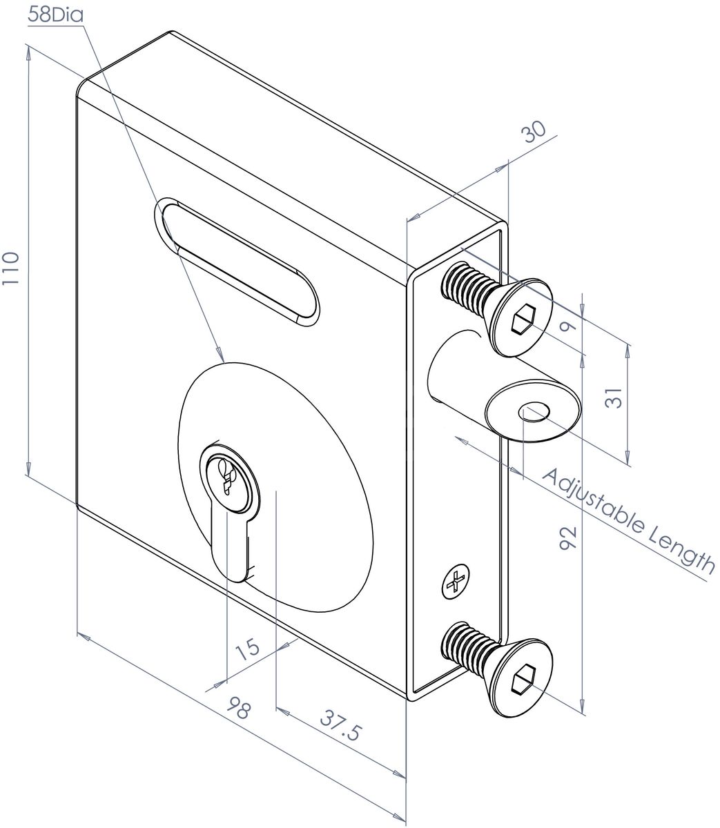 Dimensions Image: Gatemaster SelectPro Bolt-On Long Throw Keylatch Keyed Gate Lock