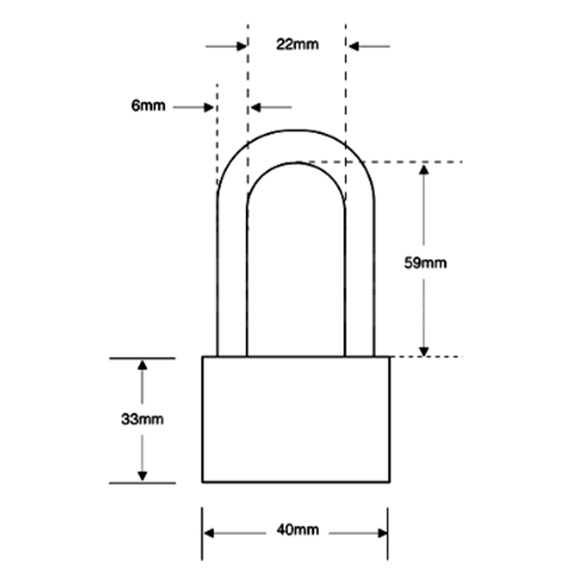 Dimensions Image: Asec 40mm Long Shackle Solid Brass Padlock