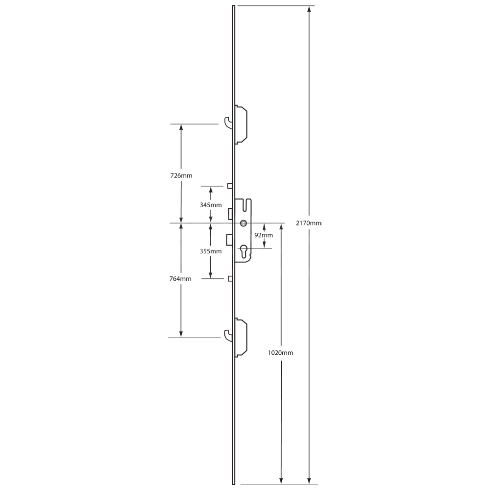 Dimensions Image: GU Europa Inboard Multipoint Door Lock 2 Hook 2 Roller