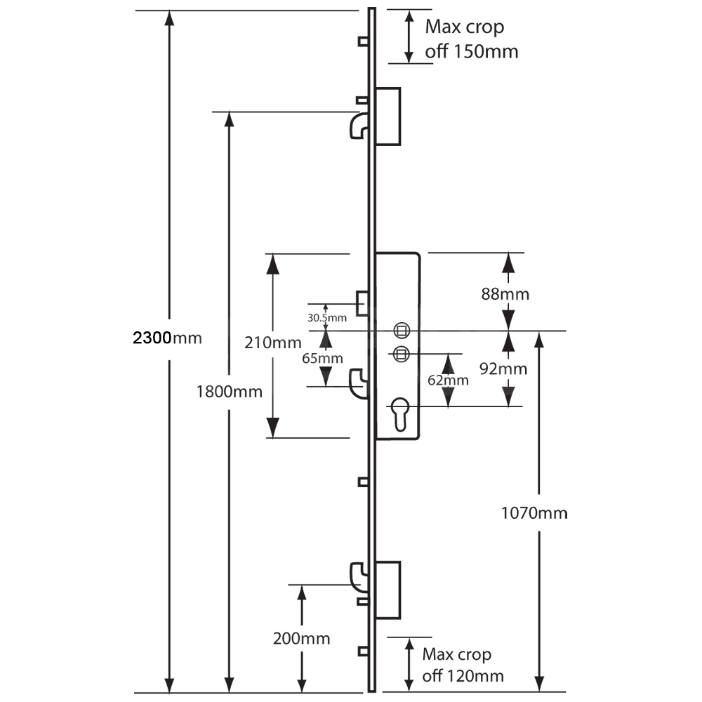 Dimensions Image: Kenrick Excalibur Lever Operated Twin Spindle Multipoint Lock