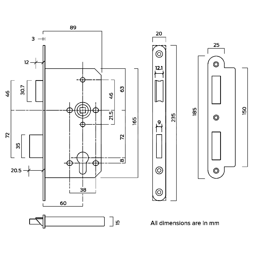 Dimensions Image: Briton 5420 DIN Euro Sashcase for Keylex 700