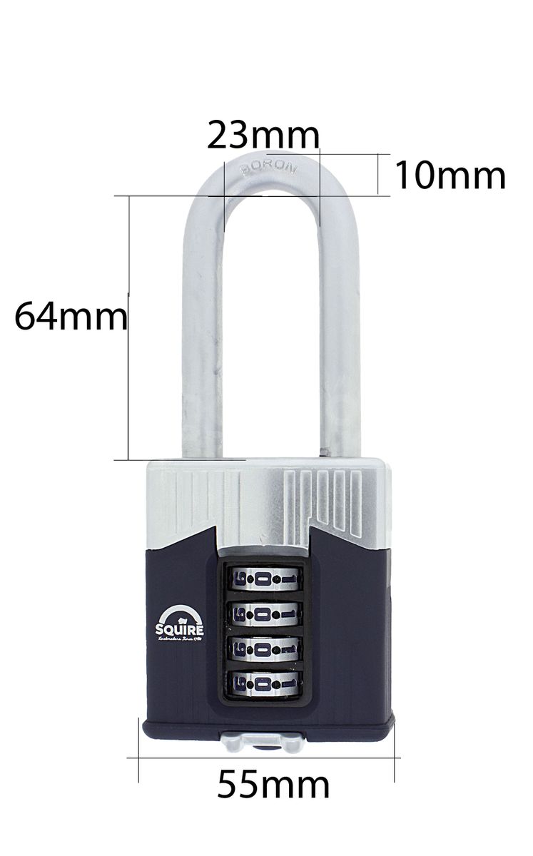 Dimensions Image: SQUIRE Warrior WAR55 - 63mm Long Shackle Combination Padlock