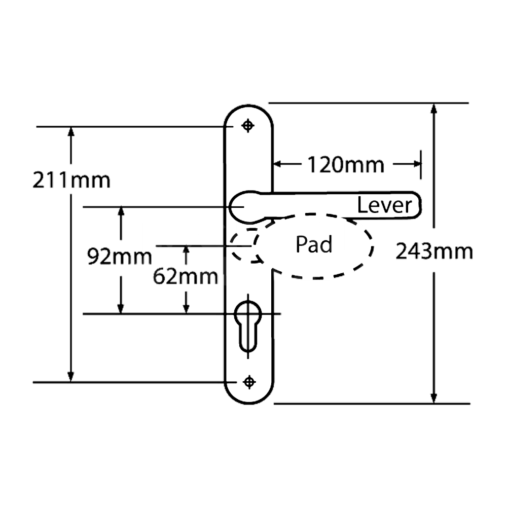 Dimensions Image: Fab &amp; Fix Ashford 92/62mm PZ Offset Lever Pad Door Furniture