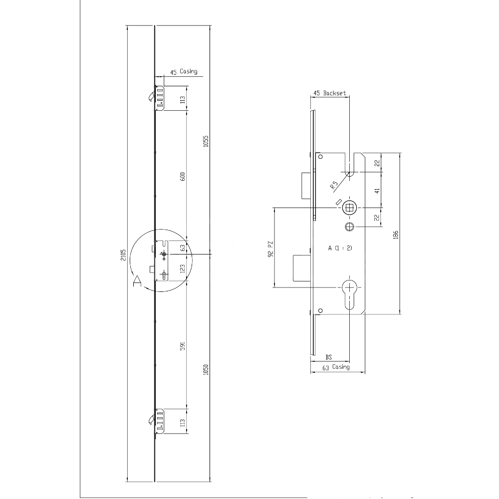 Dimensions Image: Winkhaus STV Trulock 2 Hook Multipoint Lock with Split Spindle
