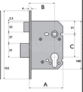 Dimensions Image: Imperial G7130 BS3621 Euro Profile Cylinder Sashlock with Security Escutcheons