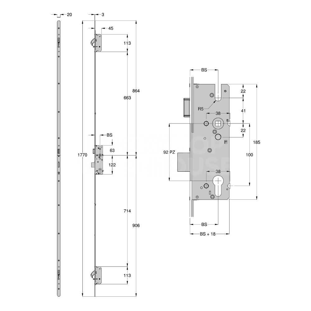 Dimensions Image: Winkhaus AV2 Auto Locking 2 Hook Latch &amp; Deadbolt Multipoint Lock