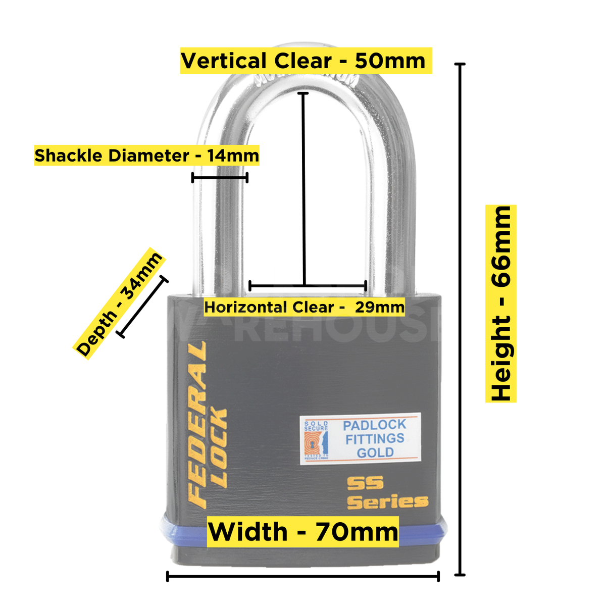 Dimensions Image: Federal 742 Padlock - 50mm Long Shackle