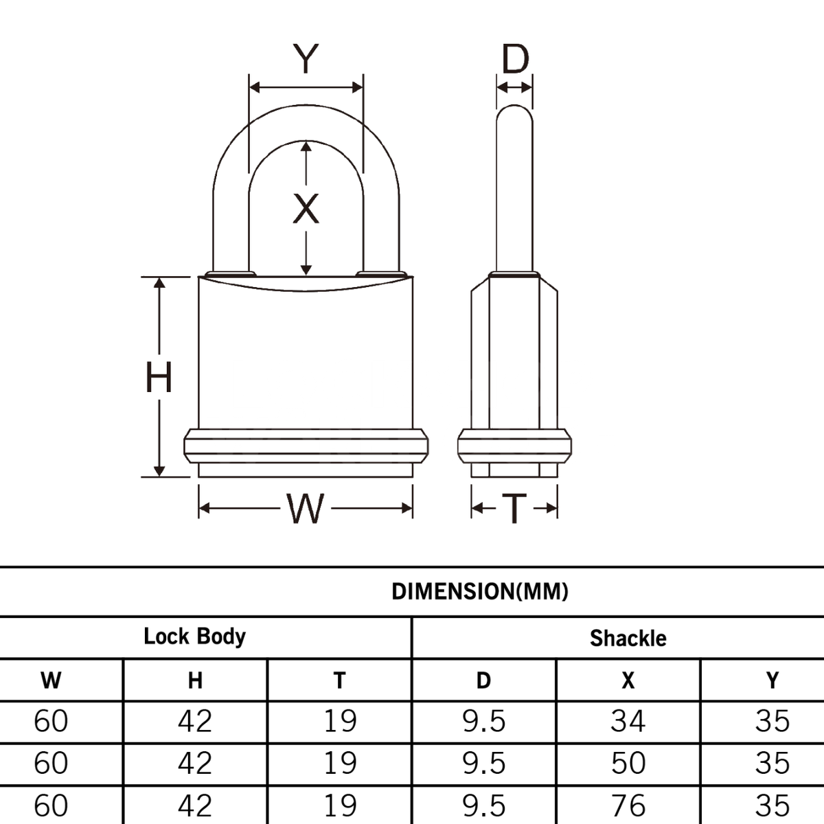 Dimensions Image: Federal SF60 60mm Brass Padlock