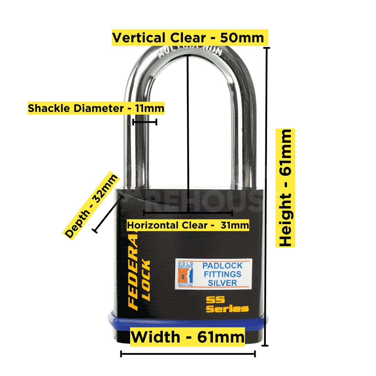 Dimensions Image: Federal 732 Padlock - 50mm Long Shackle