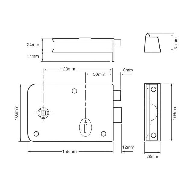 Dimensions Image: UNION 1439 3 Lever Double Handed Rimlock