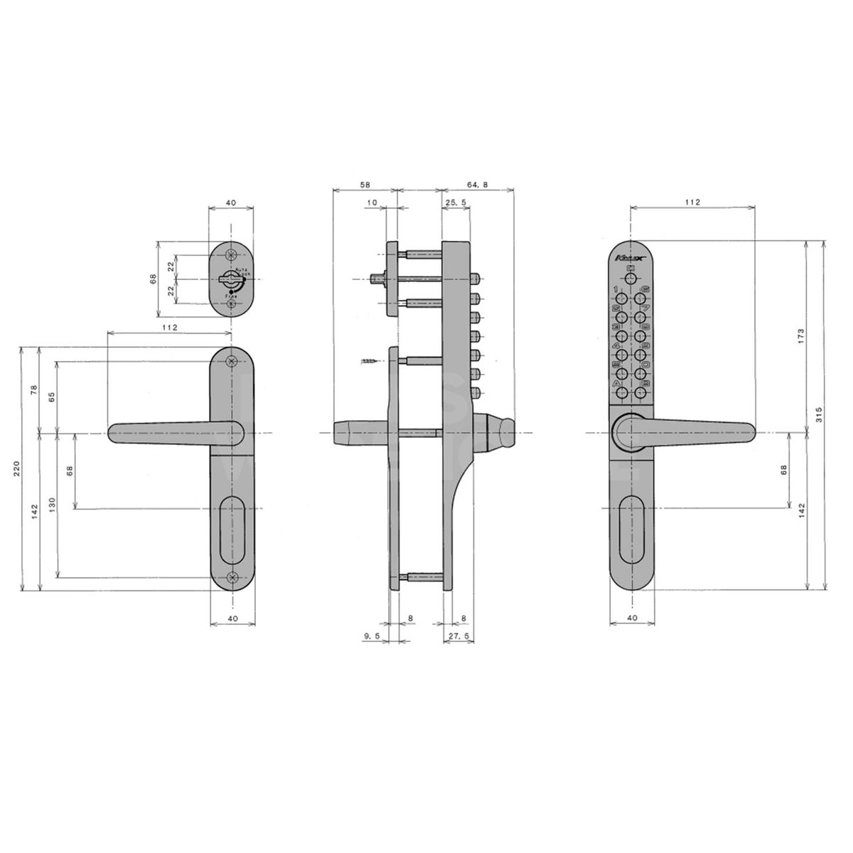 Dimensions Image: Keylex 700 Mechanical Digital Codelock