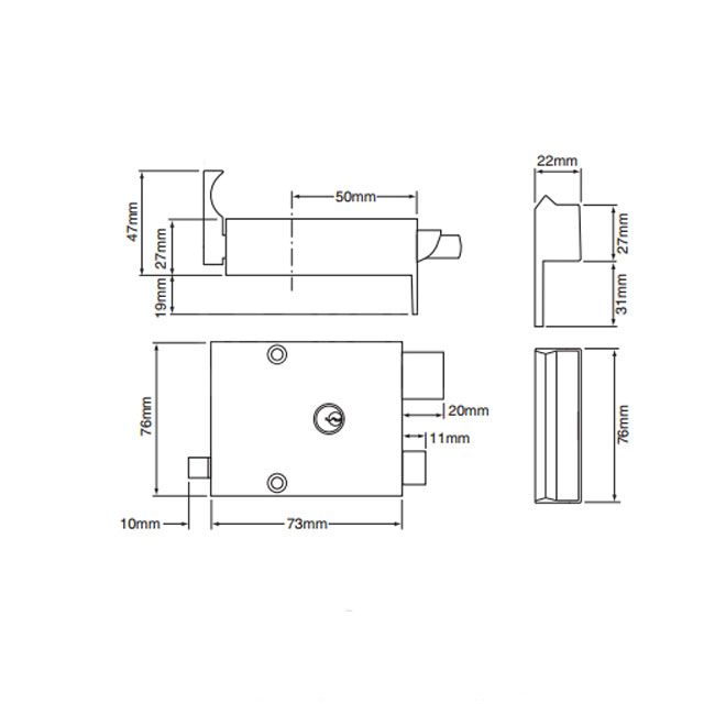 Dimensions Image: Union 1334 Cylinder Drawback Lock (50mm Backset)