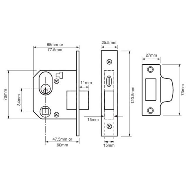 Dimensions Image: Union 2332 Oval Cylinder Night Latch | Complete with Cylinder and Turn