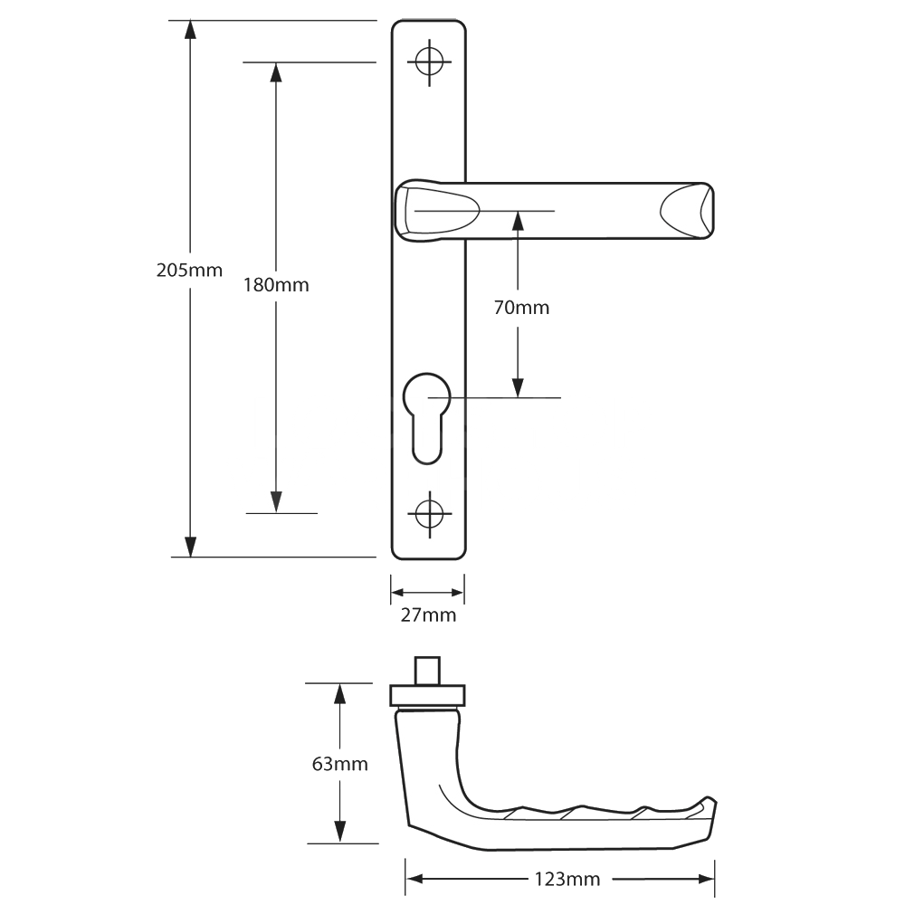 Dimensions Image: Hoppe Lever Door Handle to Suit Ferco 70mm Centres