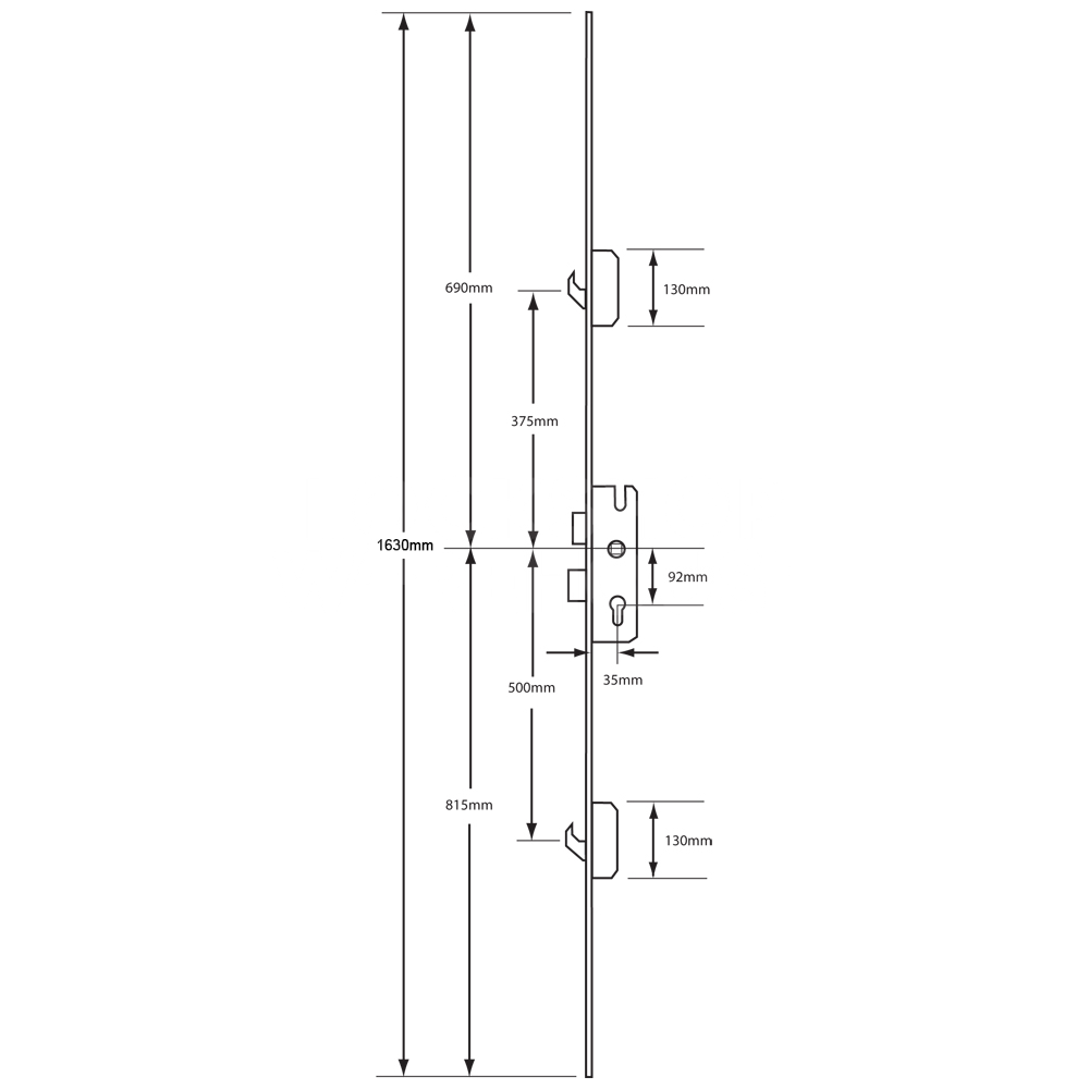 Dimensions Image: KFV 7970 2 Hook Short Version Multipoint Door Lock