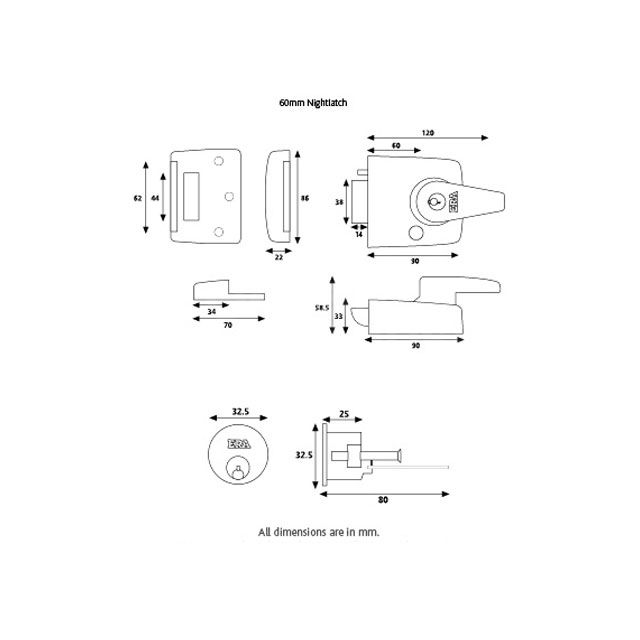 Dimensions Image: ERA Double Locking Nightlatch 193 - 60mm