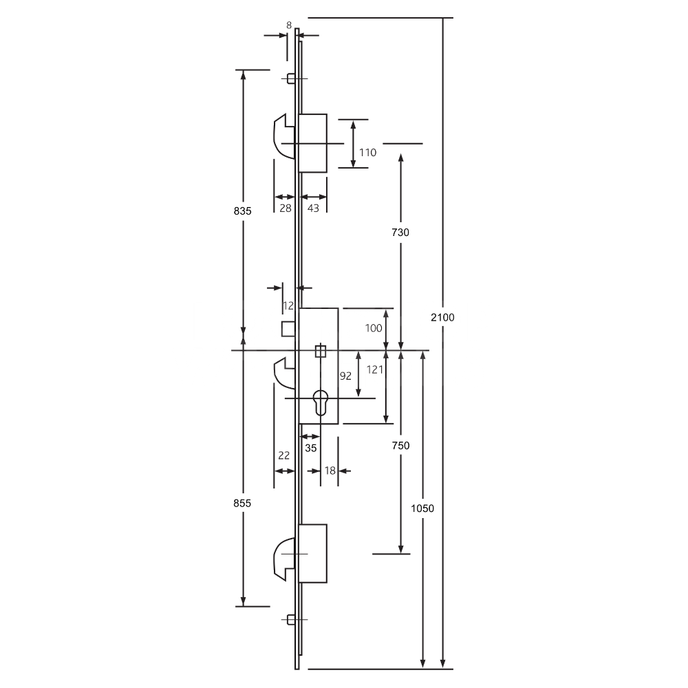 Dimensions Image: ERA 6635 Multipoint Lock Latch &amp; Hook