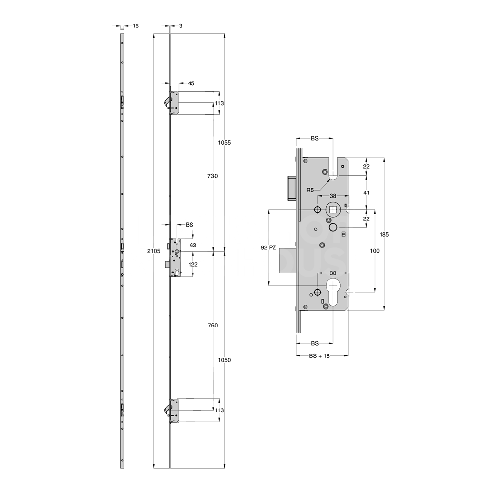 Dimensions Image: Winkhaus AV2 Automatic 2 Hook Multipoint Lock