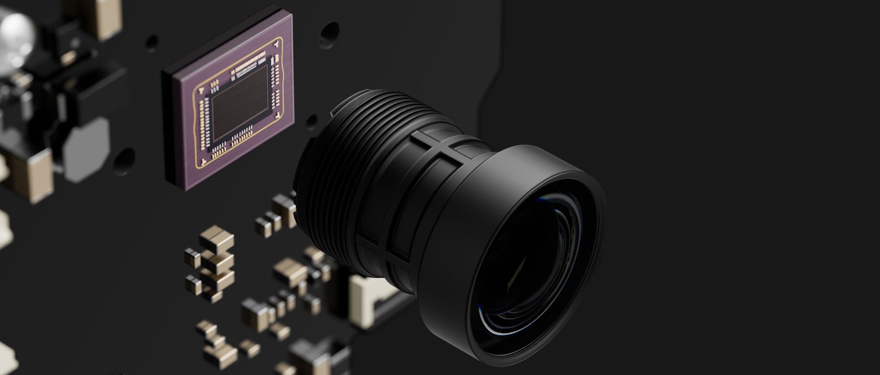 Exploded view of the Ajax TurretCam lens and CMOS sensor