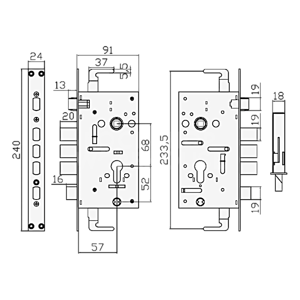 Dimensions Image: Hooply 60/68 Key Operated Latch &amp; 4 Deadbolt Multi-Lock Gearbox