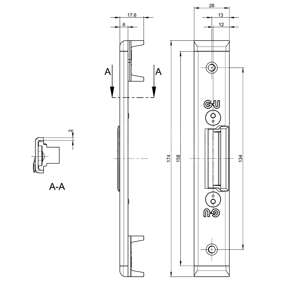 Dimensions Image: GU Centre Keep U26 x 6mm With 12mm Axis To Suit Secury Panic E - Stainless Steel 6-32960-1A-0-8