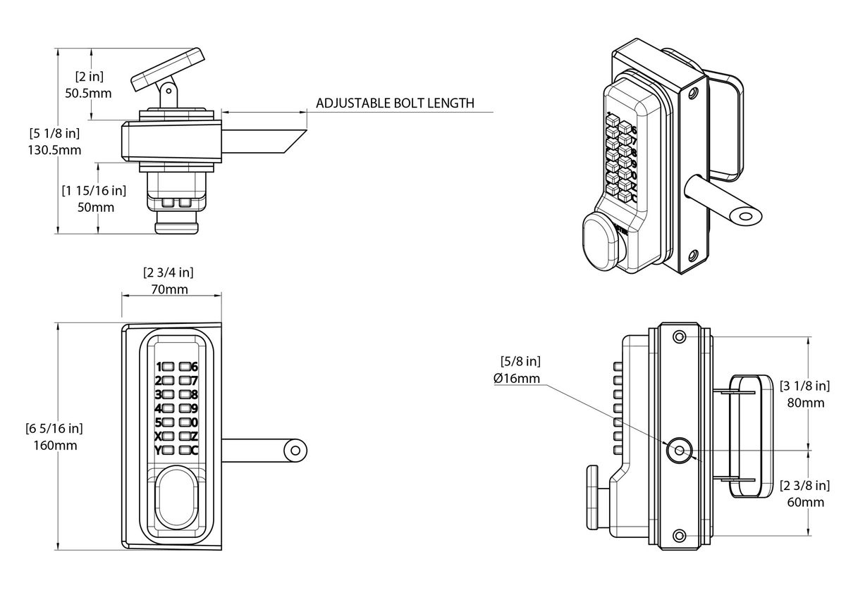 Dimensions Image: Gatemaster Superlock 2.0 Quick-Exit Keypad Entry Code Gate Lock
