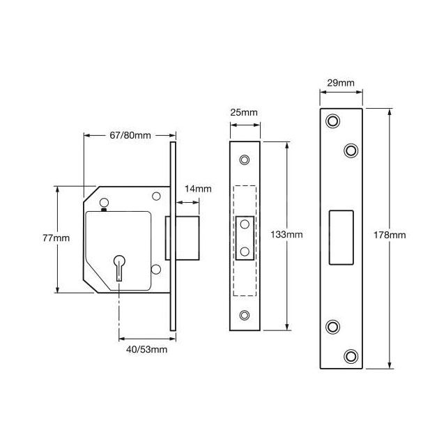 Dimensions Image: Union 3G114 Mortice Deadlock (Old Style)