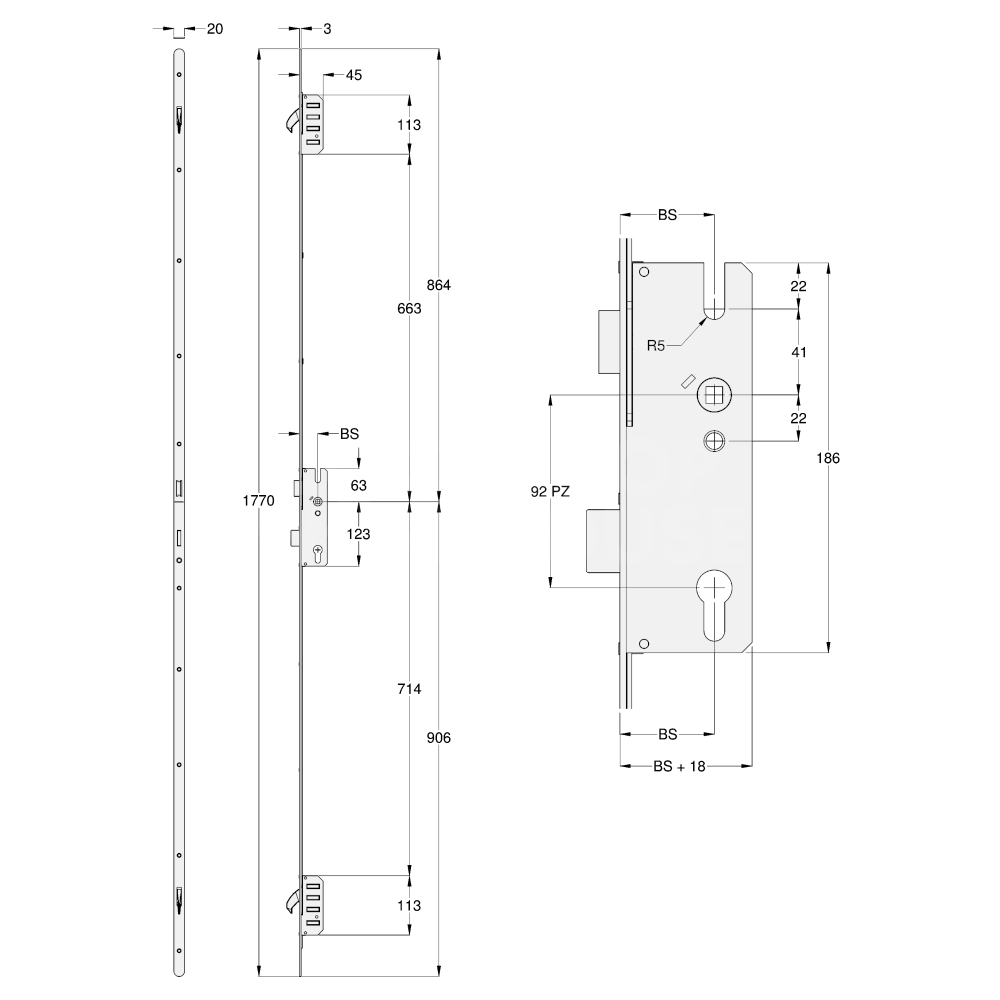 Dimensions Image: Winkhaus STV Trulock 2 Hook Multipoint Lock