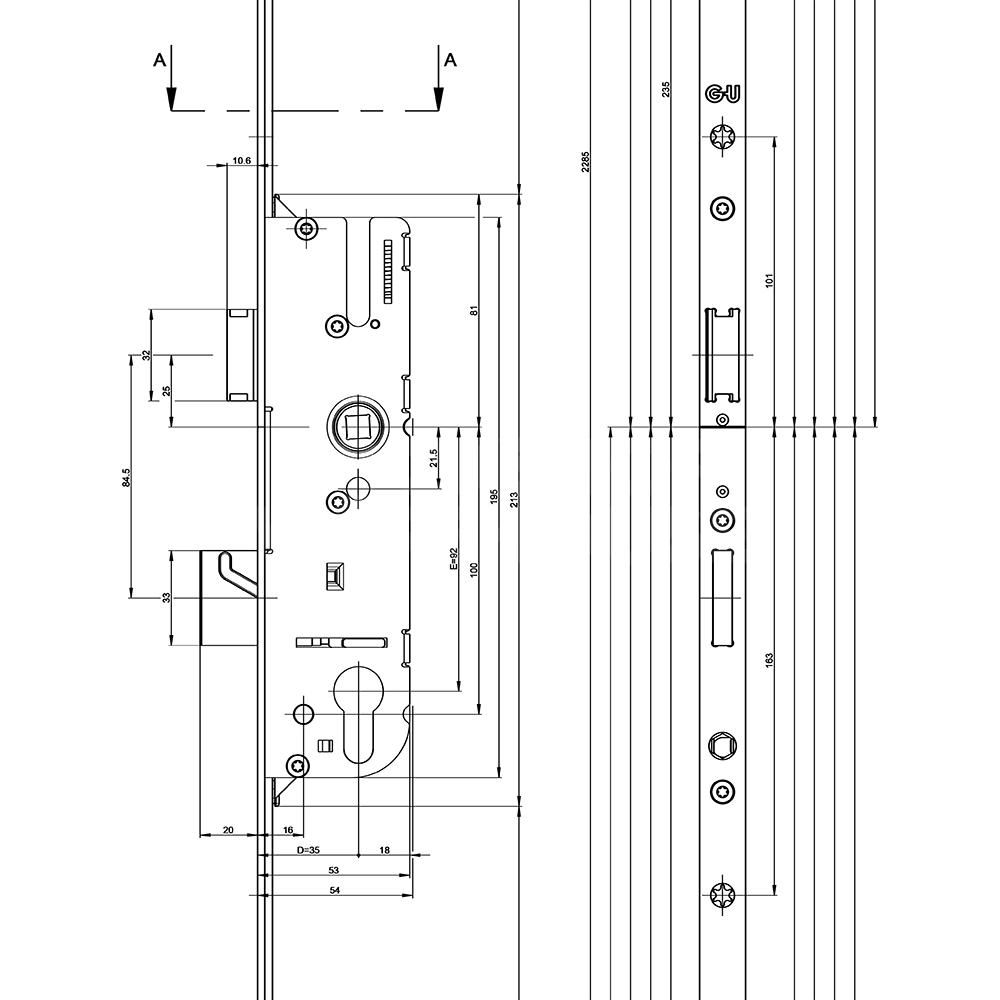 Dimensions Image: GU Secury Europa Multi Point Lock 2 Hook 2 Roller