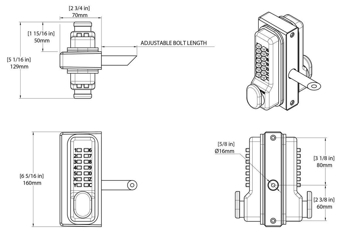 Dimensions Image: Gatemaster Superlock 2.0 Double-Sided Keypad Gate Lock
