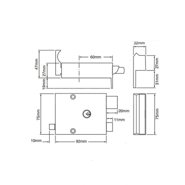 Dimensions Image: Union 1332 Cylinder Drawback Lock (60mm Backset)