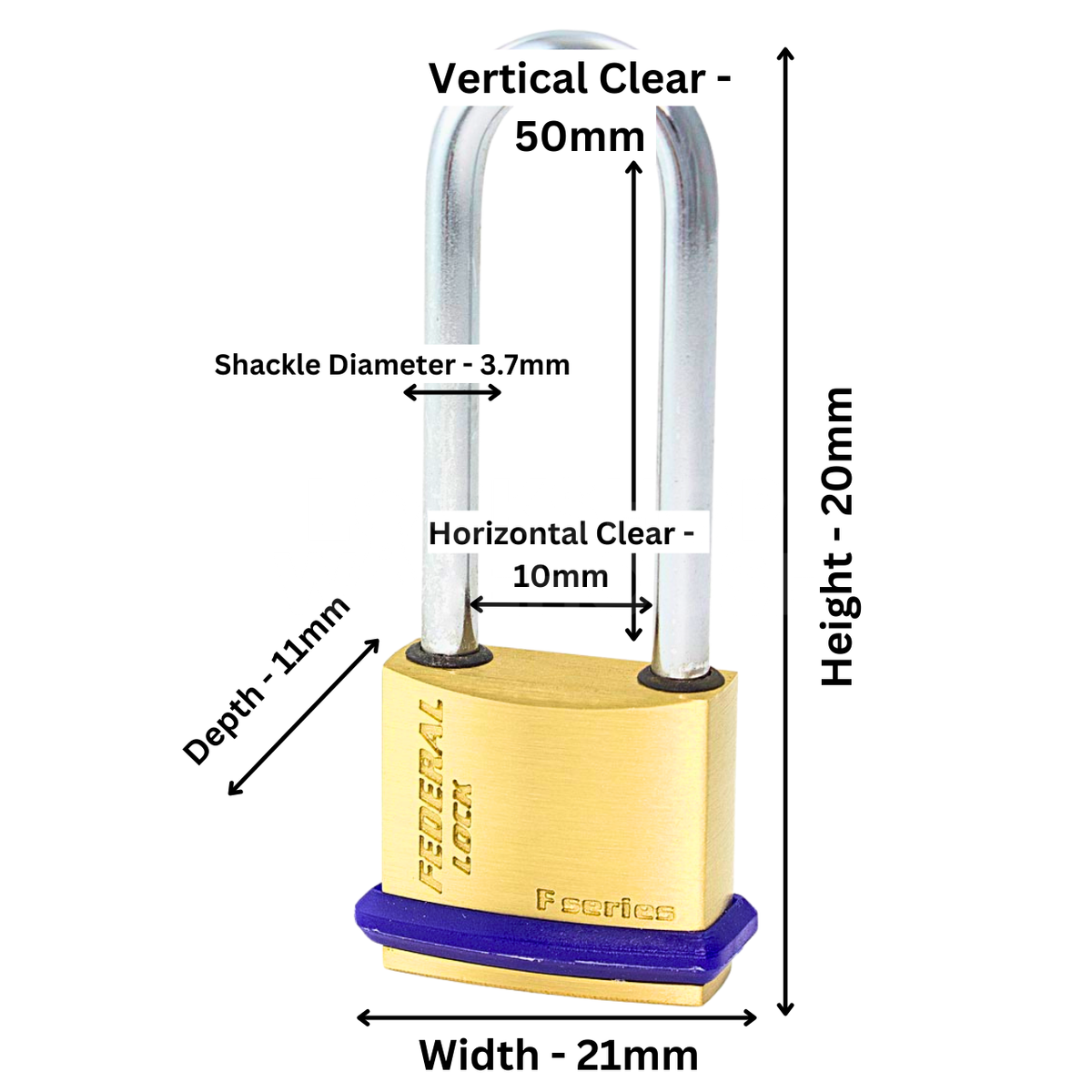 Dimensions Image: Federal 20mm Brass Padlock Long Shackle
