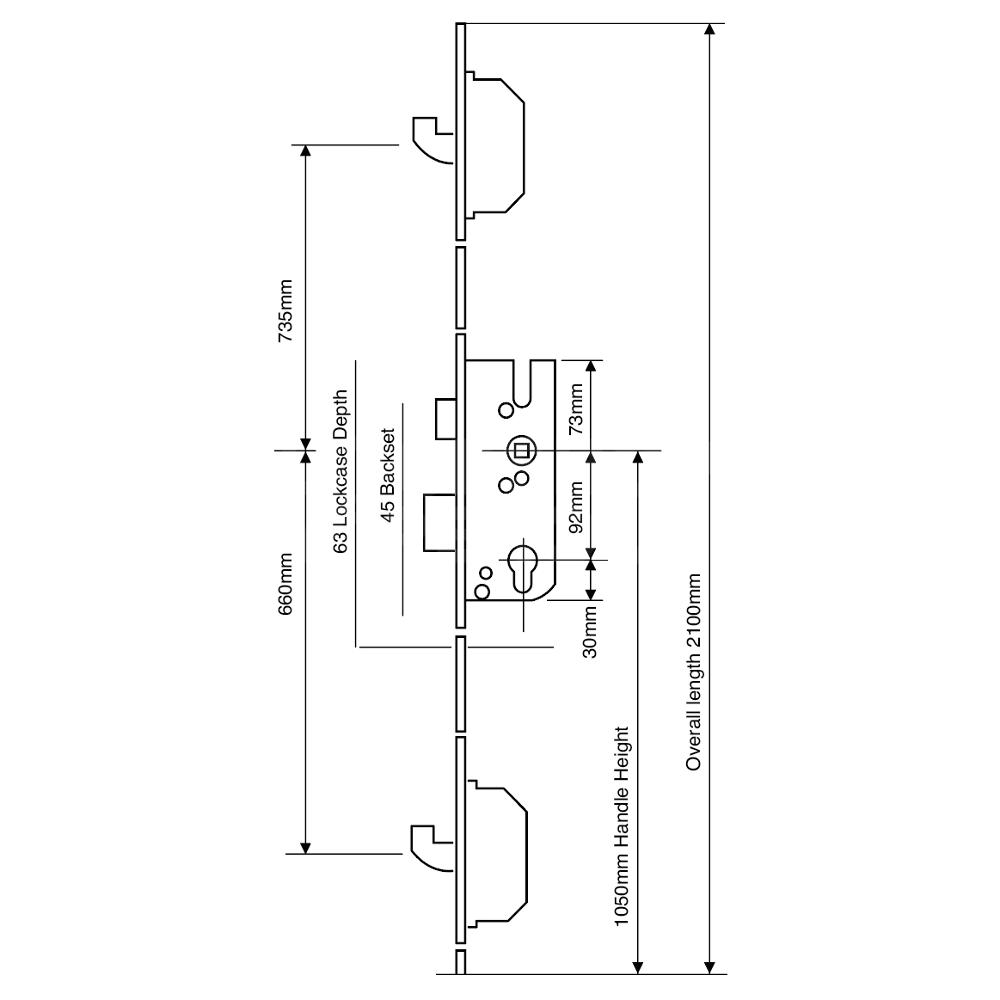 Dimensions Image: GU Lever Operated 2 Hook Multipoint Door Lock