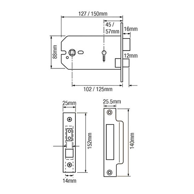 Dimensions Image: Imperial 5 lever Horizontal Sashlock