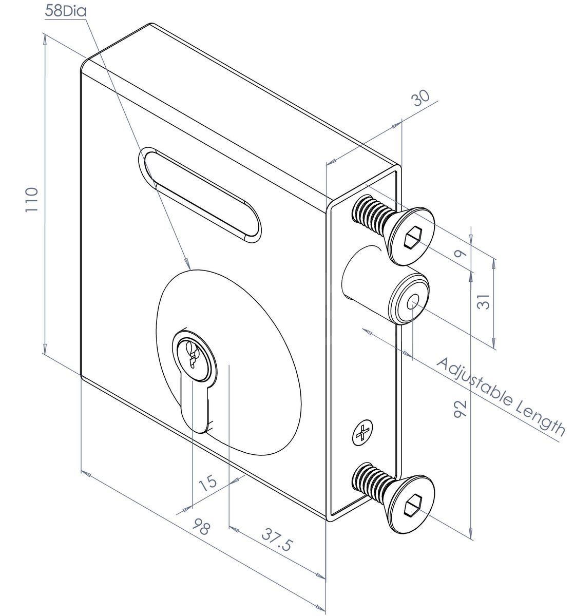 Dimensions Image: Gatemaster SelectPro Keyed Bolt-On Gate Deadlock