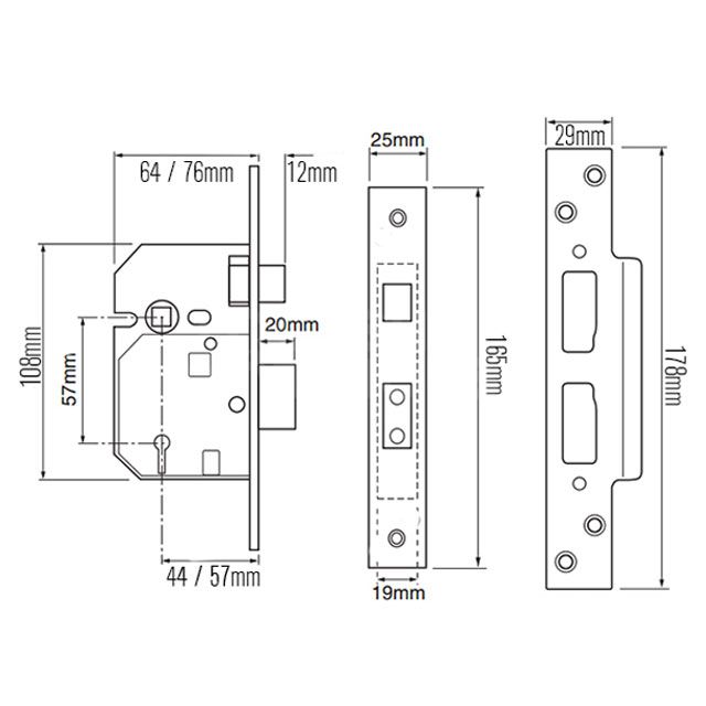 Dimensions Image: Asec Five Lever Sashlocks (BS3621 :2007)