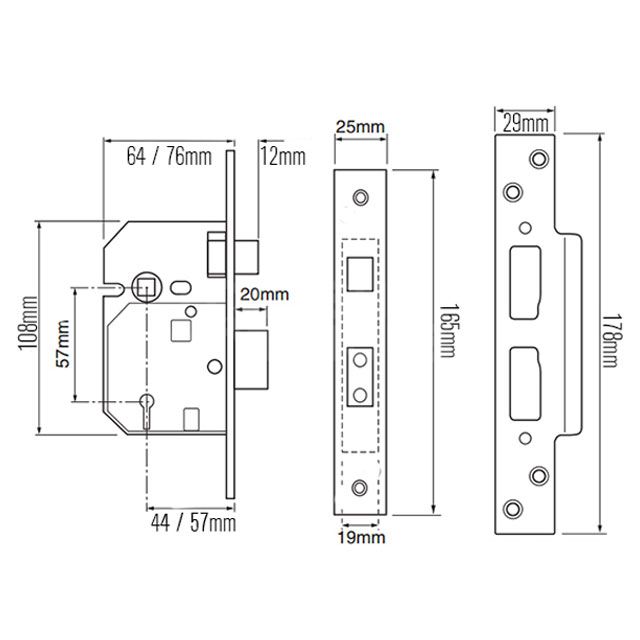 Dimensions Image: Asec Five Lever Sashlocks (BS3621 :2007)