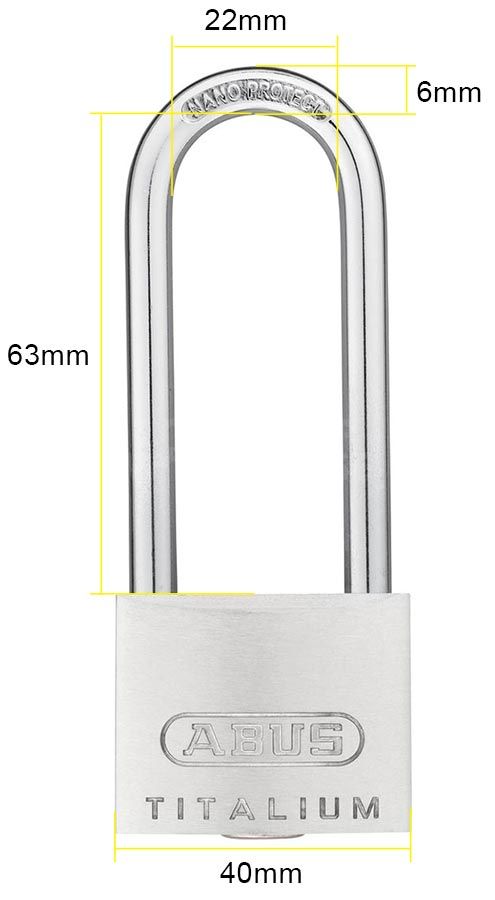 Dimensions Image: ABUS Titalium 64TI/40mm Padlock with 63mm Long Shackle