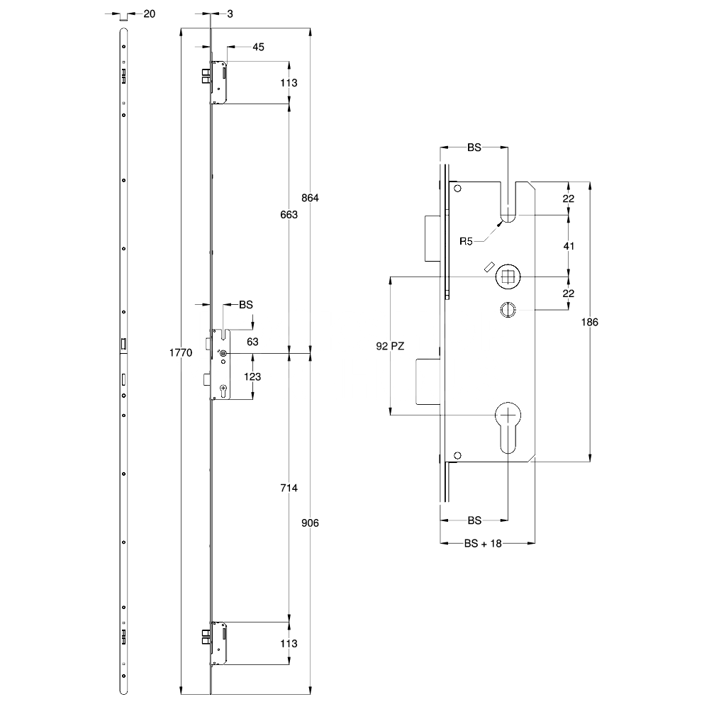 Dimensions Image: Winkhaus Thunderbolt Lever Operated 4 Deadbolt Multipoint Lock