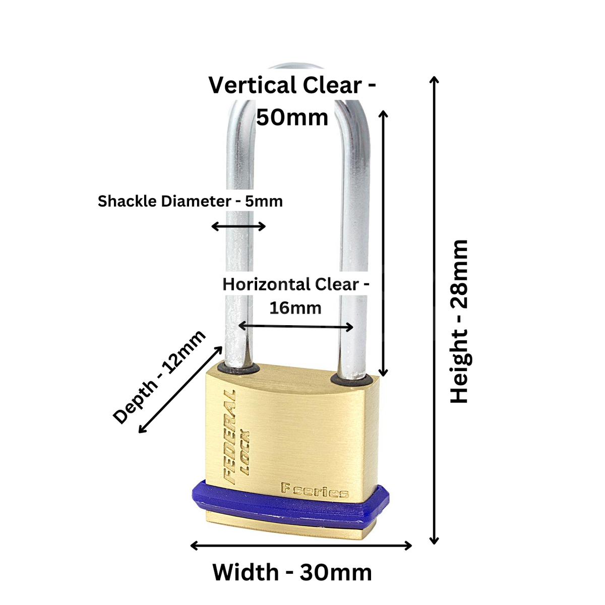 Dimensions Image: Federal 30mm Brass Padlock Long Shackle