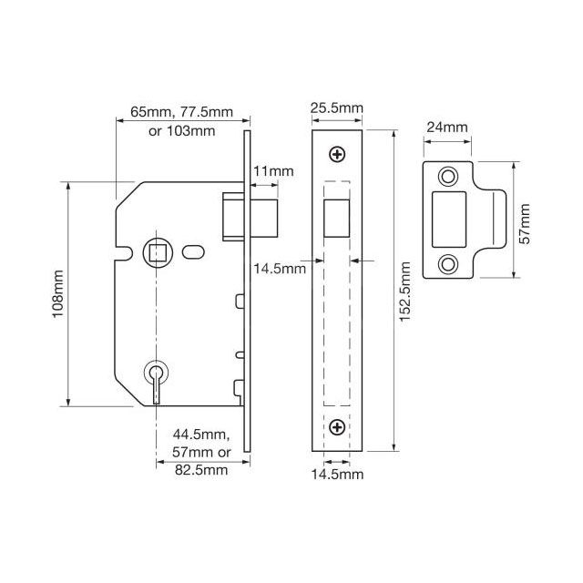 Dimensions Image: Union 2657 Upright Mortice Latch