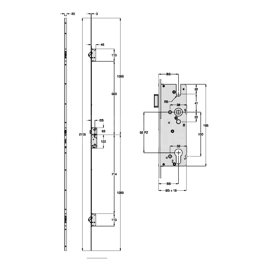 Dimensions Image: Winkhaus AV2-F 2060 M2 Automatic Multipoint Lock