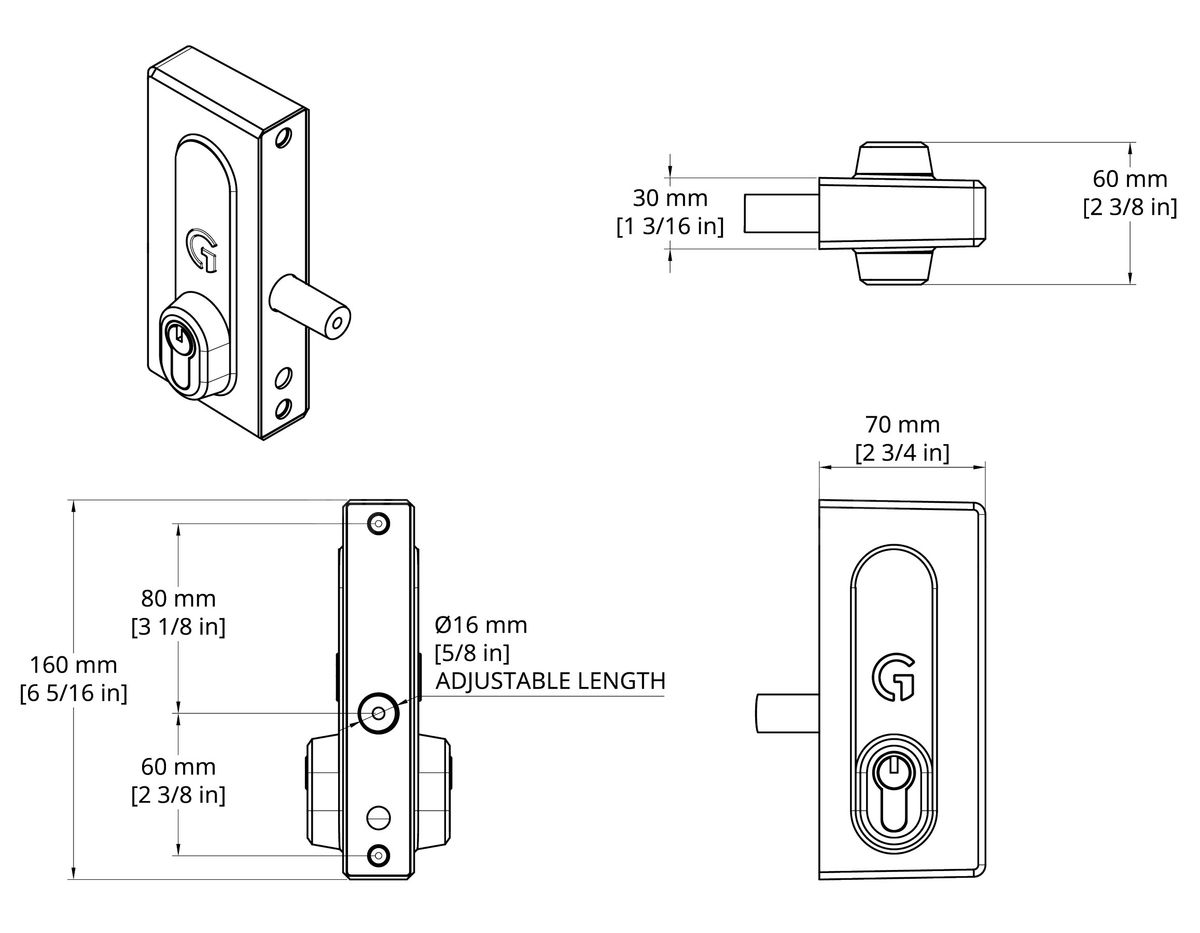 Dimensions Image: Gatemaster Superlock 2.0 Double-Sided Deadlock Gate Lock