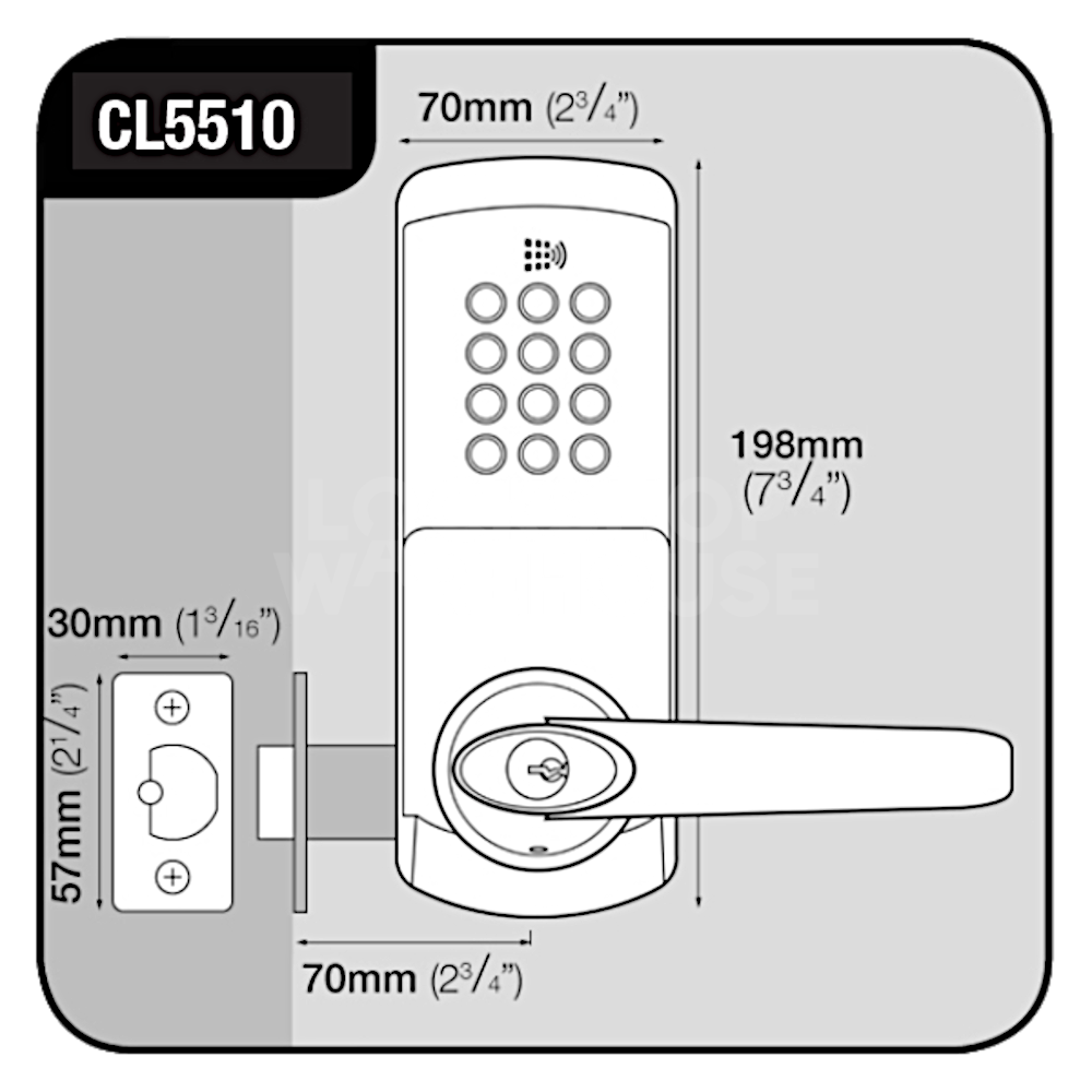 Dimensions Image: Codelocks CL5510 - Battery Operated Digital Lock With Audit Trail