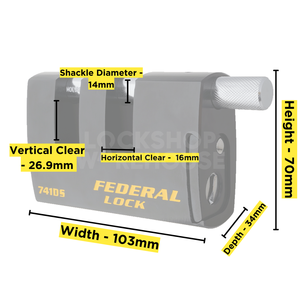Dimensions Image: Federal FD741-DS Shutter Padlock