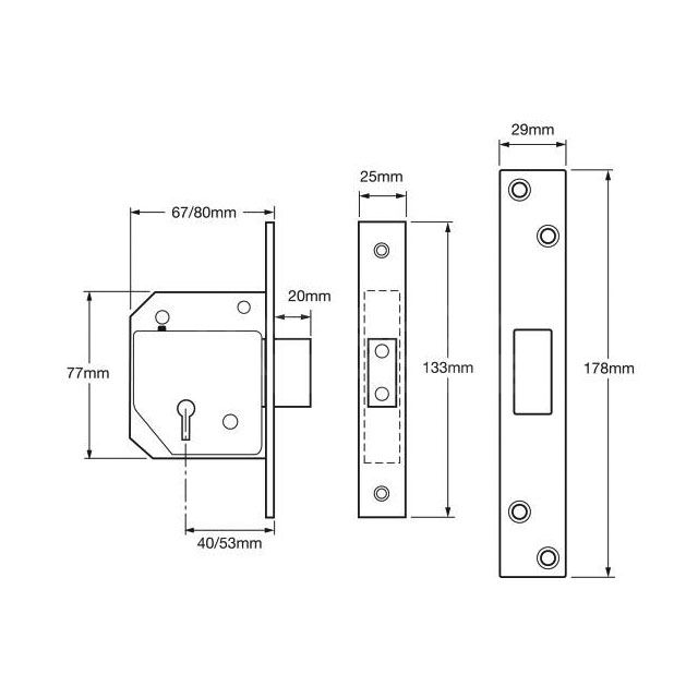 Dimensions Image: Union 3G114E Deadlock (BS3621:2007)