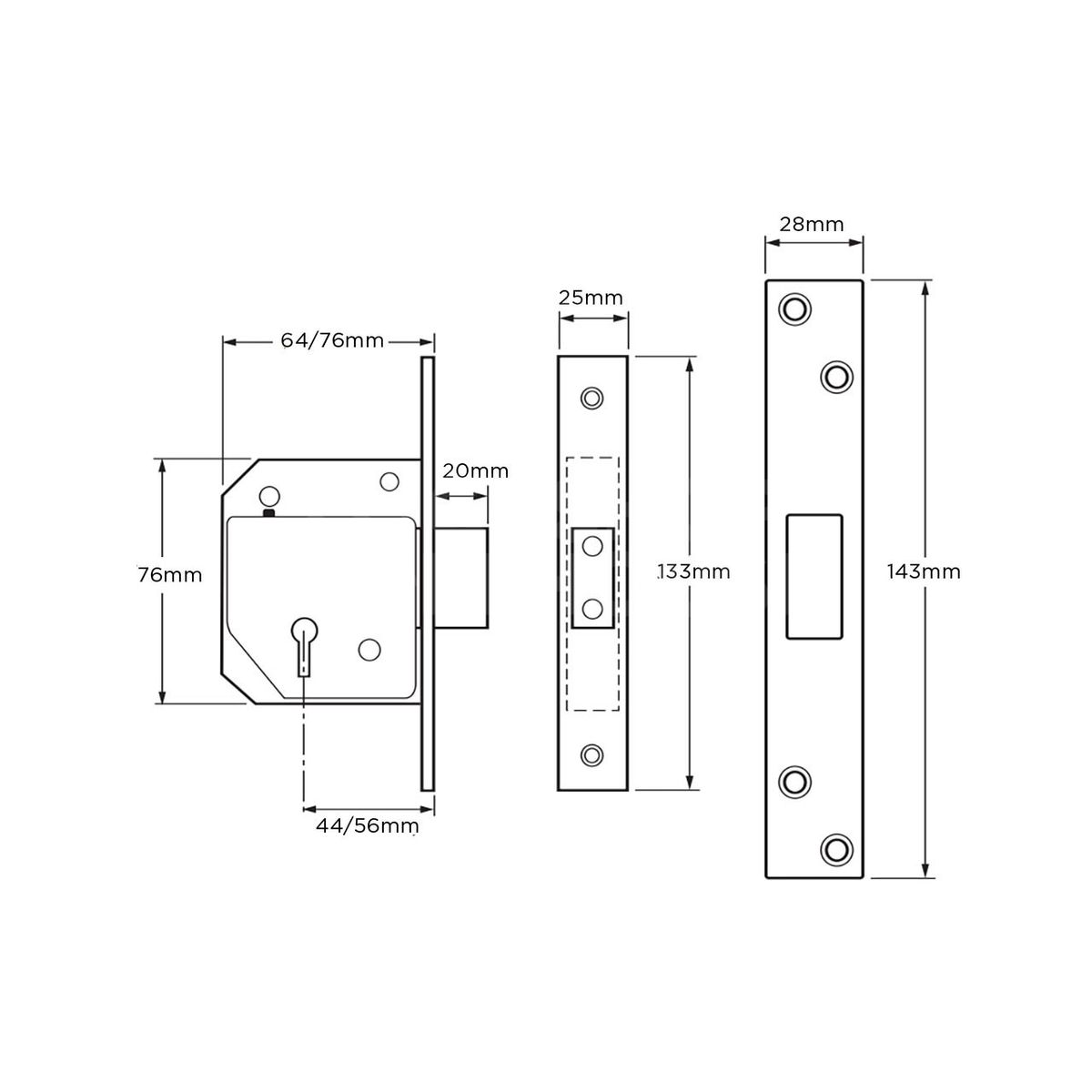 Dimensions Image: Asec Five Lever Deadlock (BS3621:2007)